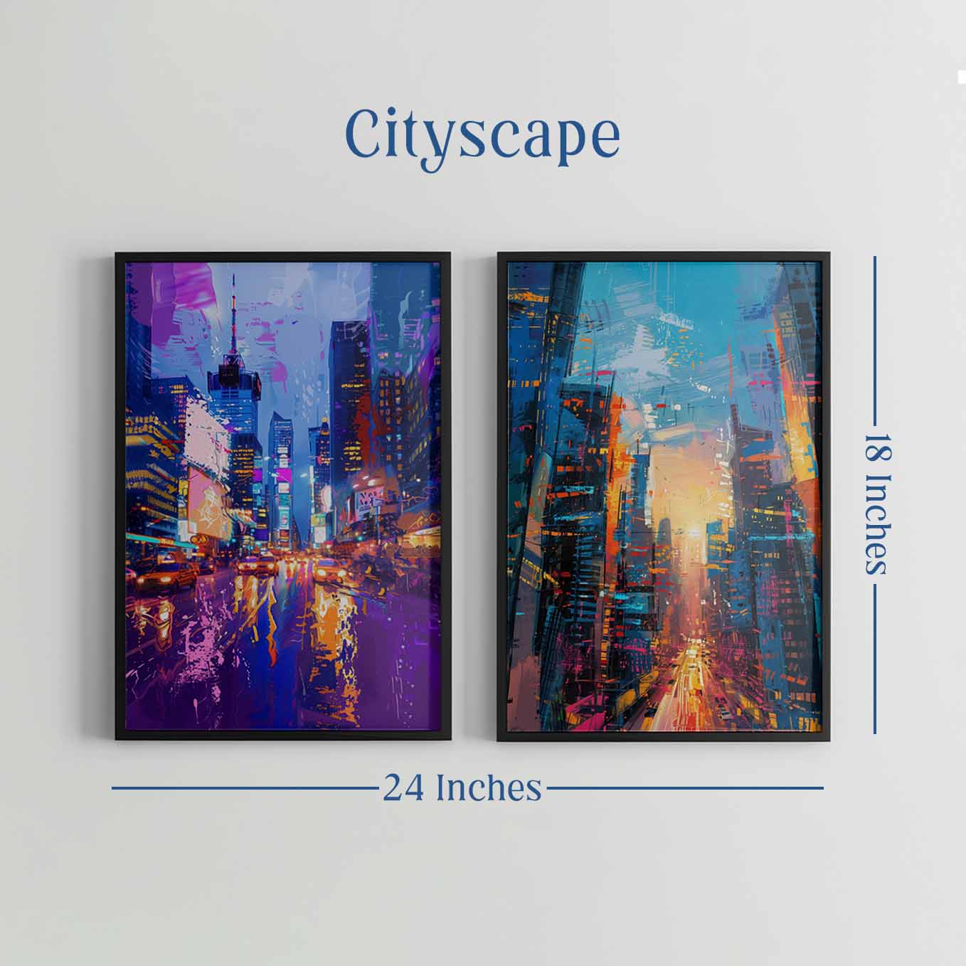 Vibrant City Lights Wall Art - Set of 2 Urban Skyline Prints | Abstract Neon Nightlife Street Decor