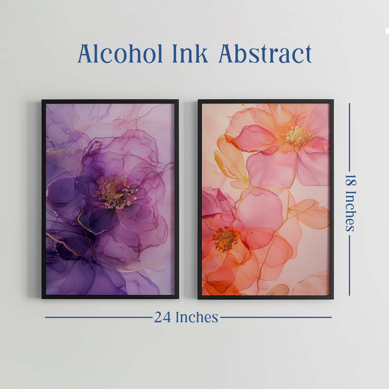 Elegant Floral Ink Art Prints - Set of 2 Framed Wall Decor | Purple & Pink Watercolor Blossoms | Contemporary Aesthetic