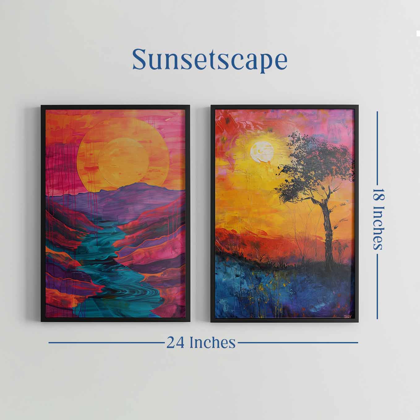 Sunset Bliss Abstract Landscape Prints - Set of 2 Framed Art | Bold & Colorful Nature-Inspired Decor