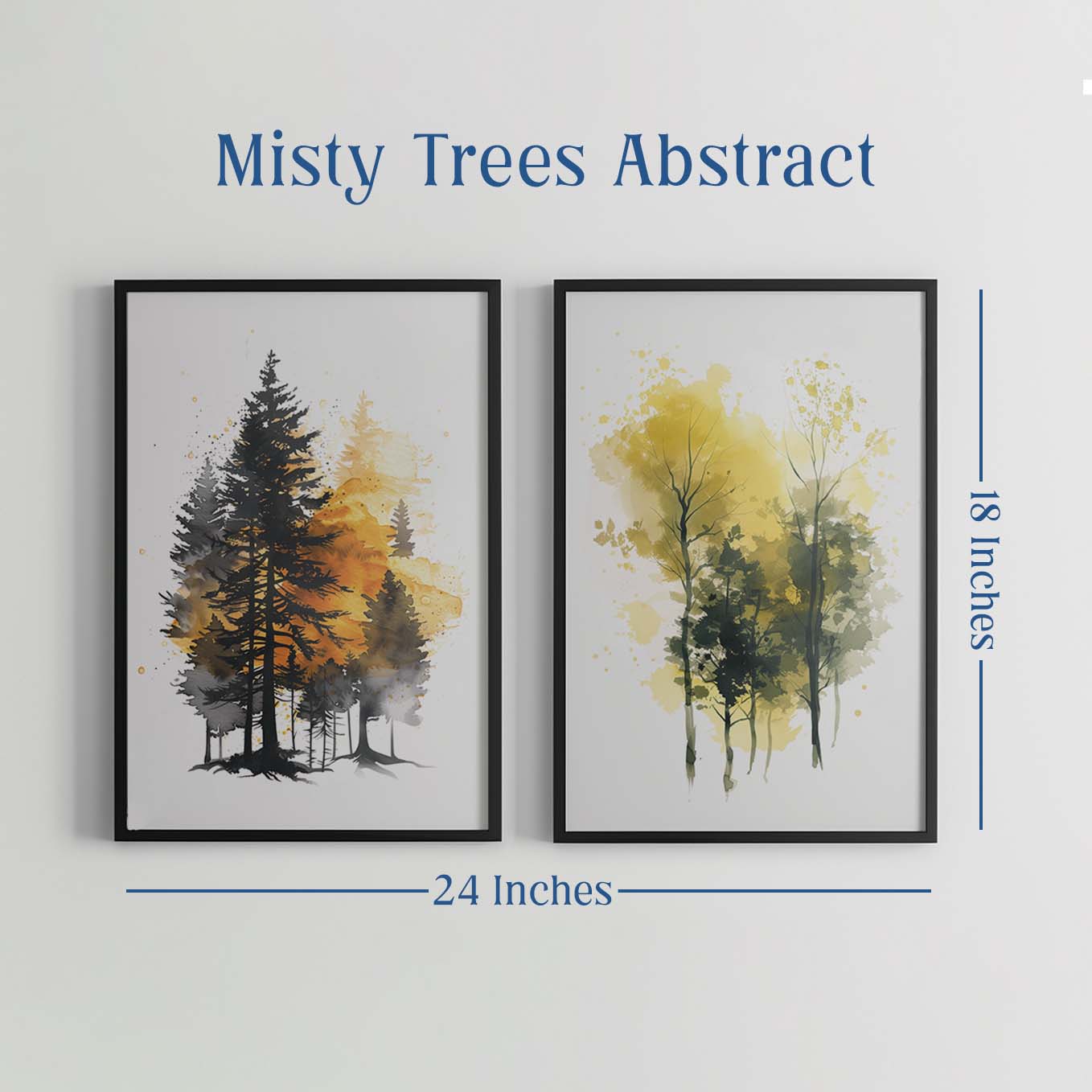 Golden Autumn Tree Art Prints - Set of 2 Framed Watercolor Paintings | Modern Minimalist Nature Wall Decor for Living Room & Bedroom