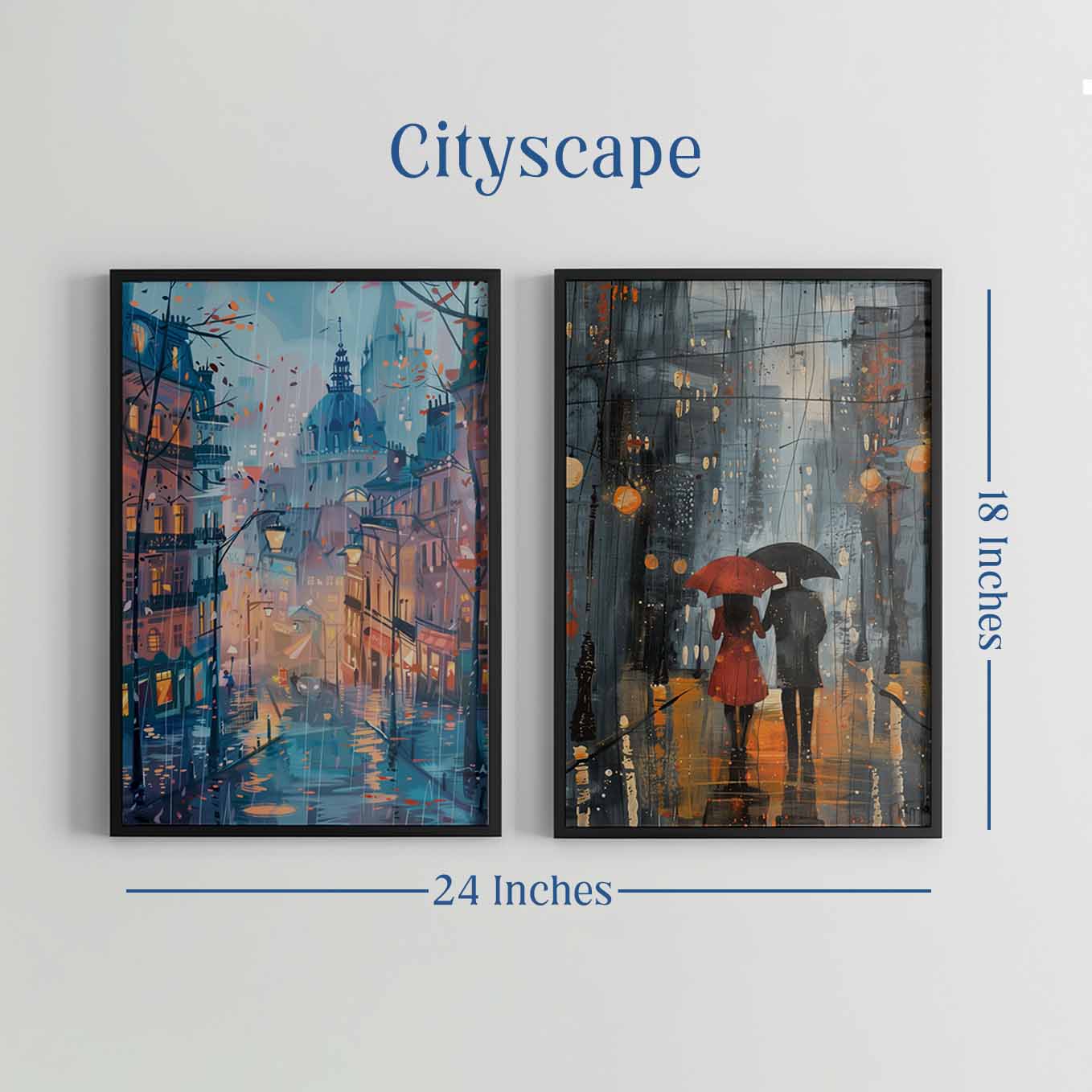 Romantic Rainy Street Art - Set of 2 Framed Cityscape Prints | Couple Under Umbrella & Paris Street Scene