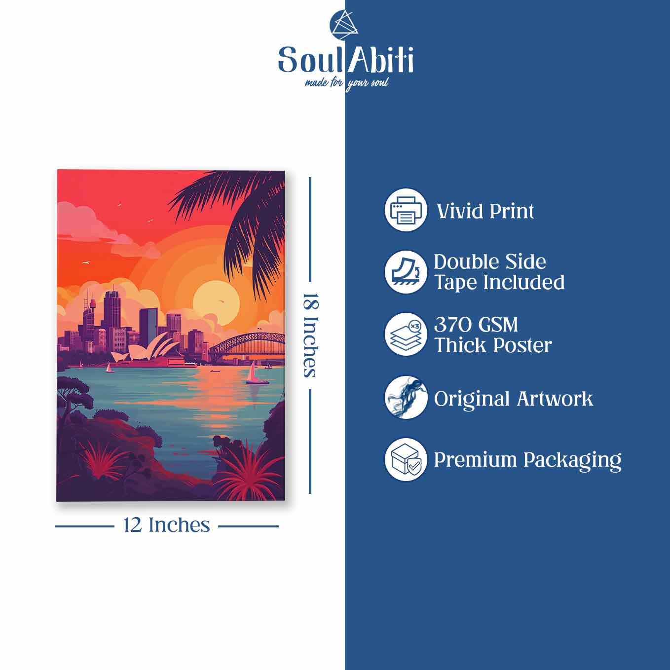 Sydney Opera House Sunset Poster - Australia Cityscape 370 GSM with Double Side Tape Ready to Stick Wall Decor