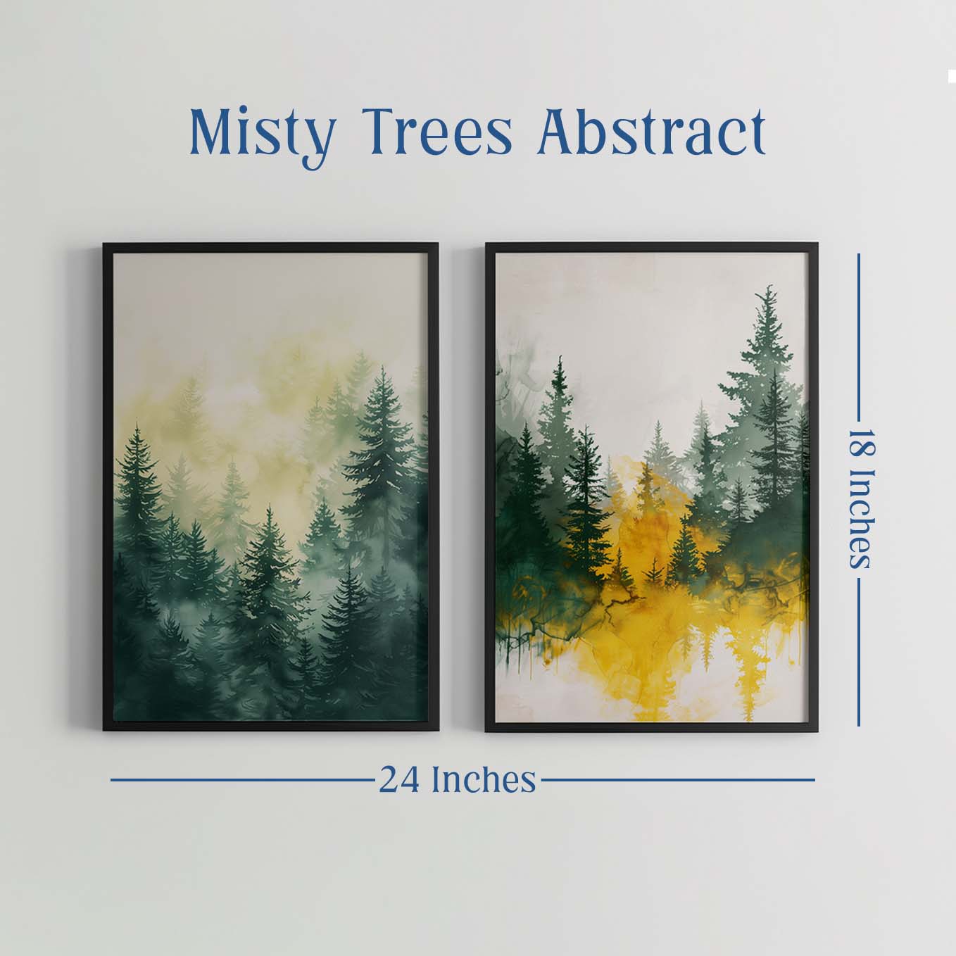 Misty Forest Watercolor Wall Art - Set of 2 Framed Prints | Tranquil Green & Golden Pine Trees | Nature-Inspired Home & Office Decor