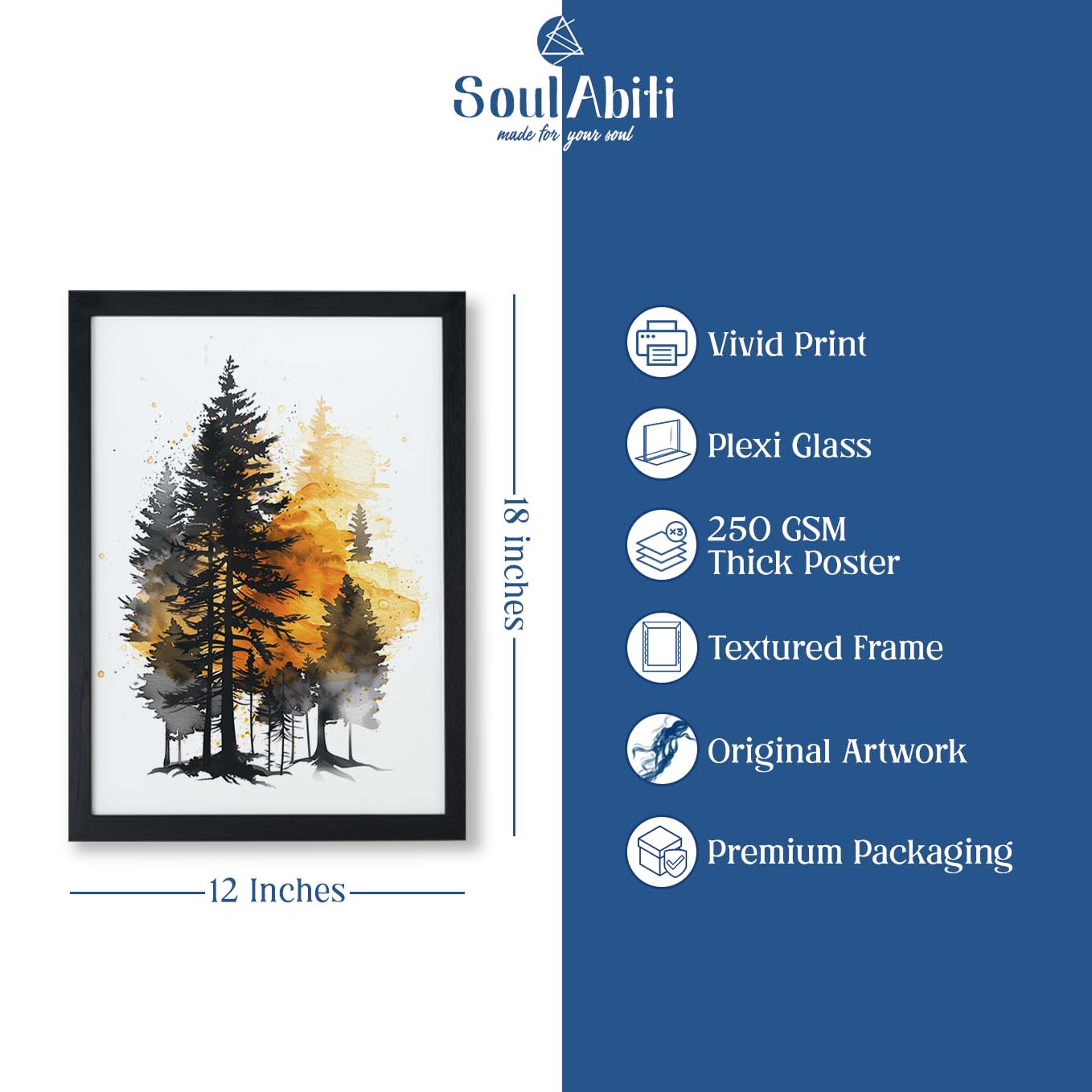 Golden Autumn Tree Art Prints - Set of 2 Framed Watercolor Paintings | Modern Minimalist Nature Wall Decor for Living Room & Bedroom
