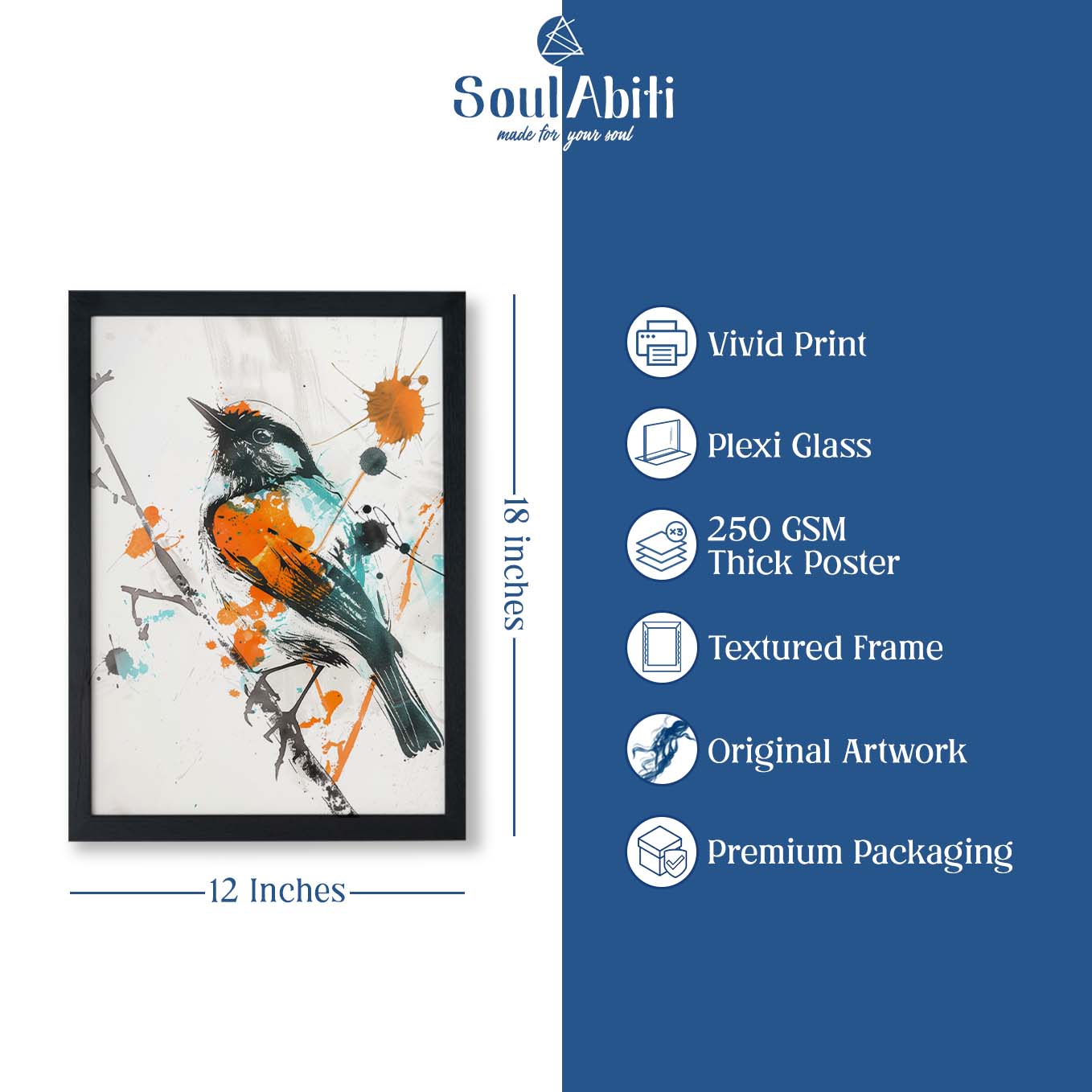 Abstract Splash Bird Wall Art - Set of 2 Framed Prints | Modern Artistic Watercolor Birds on Branches | Home & Office Decor