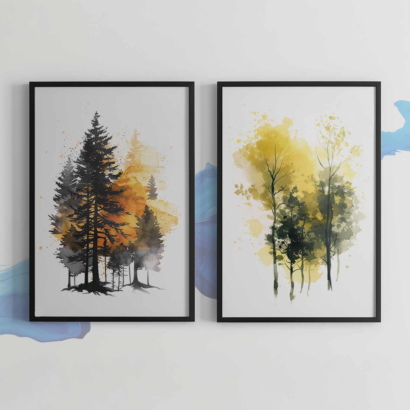 Golden Autumn Tree Art Prints - Set of 2 Framed Watercolor Paintings | Modern Minimalist Nature Wall Decor for Living Room & Bedroom