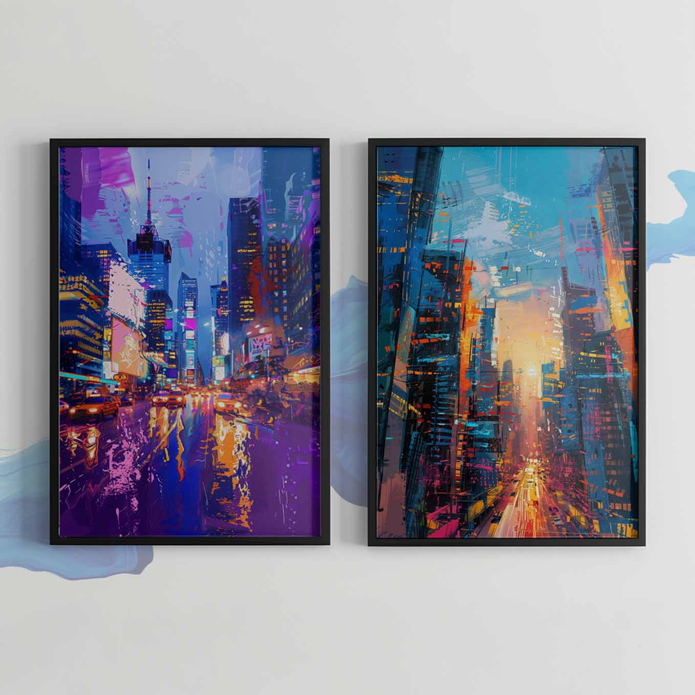 Vibrant City Lights Wall Art - Set of 2 Urban Skyline Prints | Abstract Neon Nightlife Street Decor