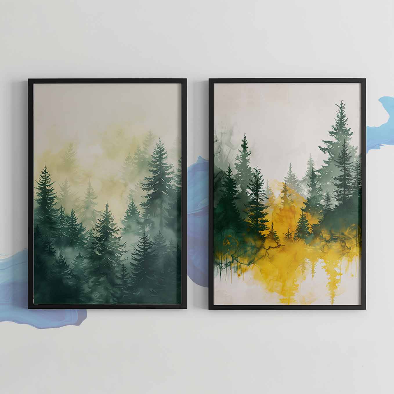 Misty Forest Watercolor Wall Art - Set of 2 Framed Prints | Tranquil Green & Golden Pine Trees | Nature-Inspired Home & Office Decor