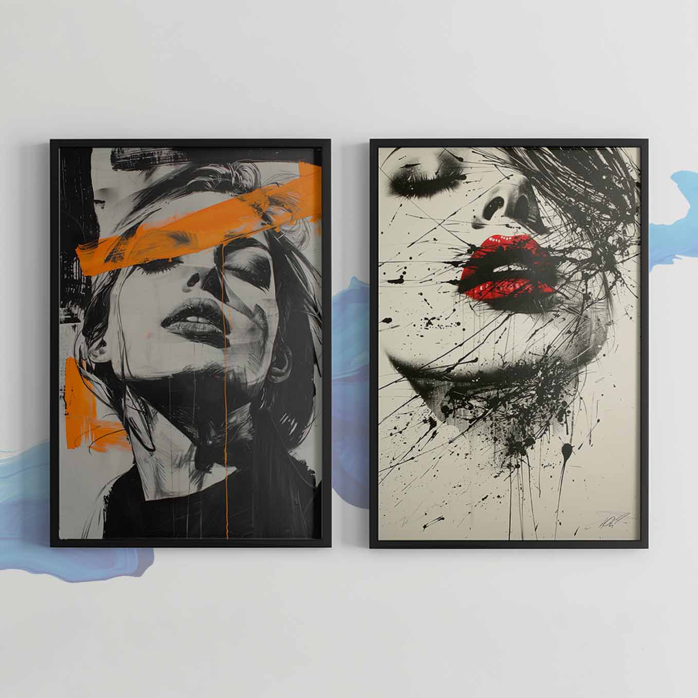 Edgy Portrait Expressionist Art - Set of 2 Black & White Prints | Bold Abstract Faces with Modern Brushstrokes