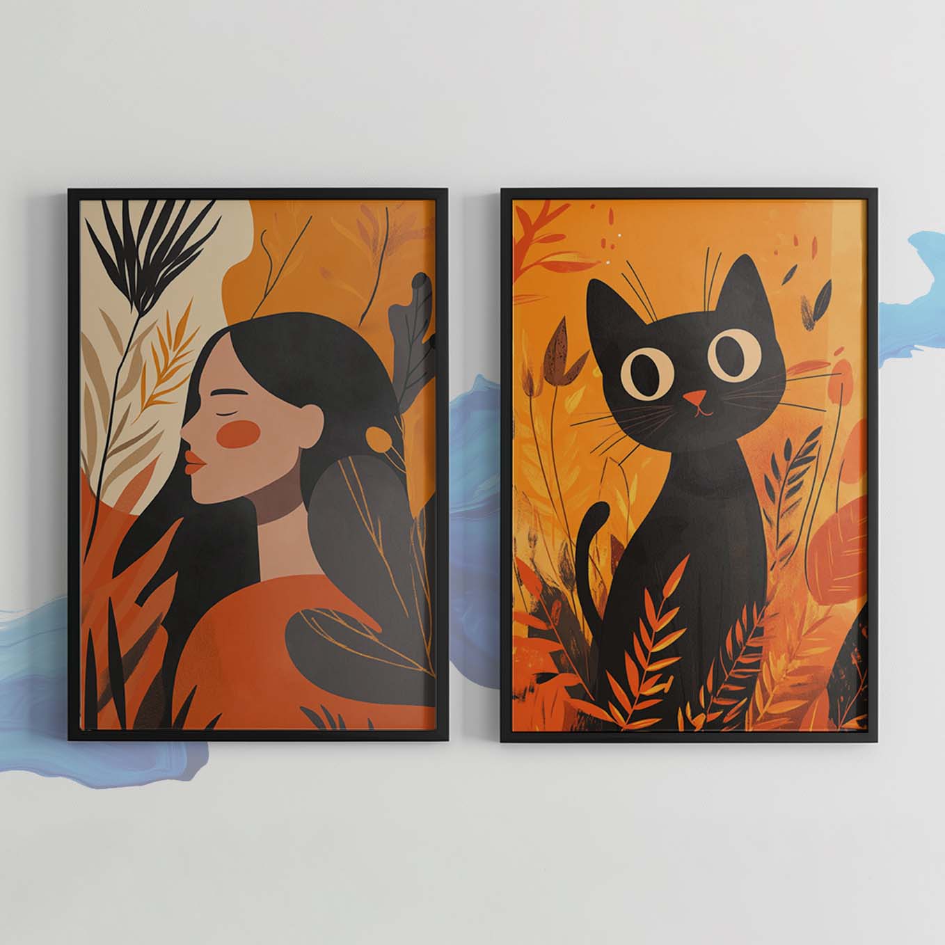 Autumn Whimsy Illustration - Woman & Black Cat Art Prints | Cozy Fall Decor for Living Room, Bedroom & Office