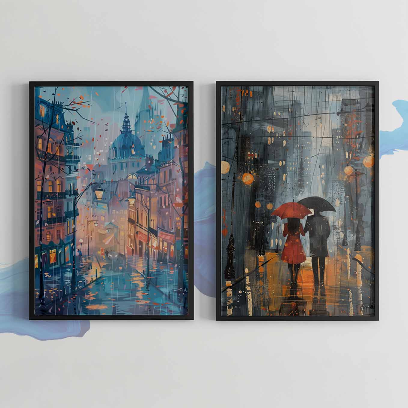 Romantic Rainy Street Art - Set of 2 Framed Cityscape Prints | Couple Under Umbrella & Paris Street Scene