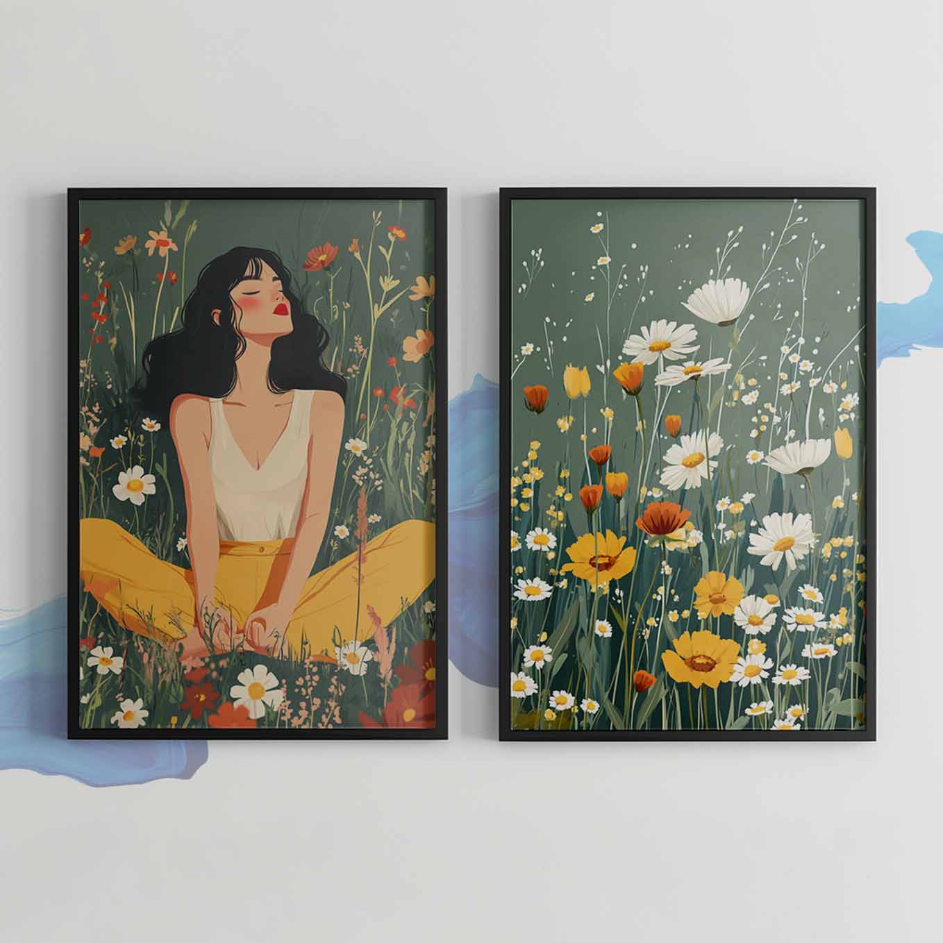 Soft Feminine Aesthetic Wall Art - Set of 2 Framed Prints | Delicate Floral & Hands Illustration in Pastel Tones