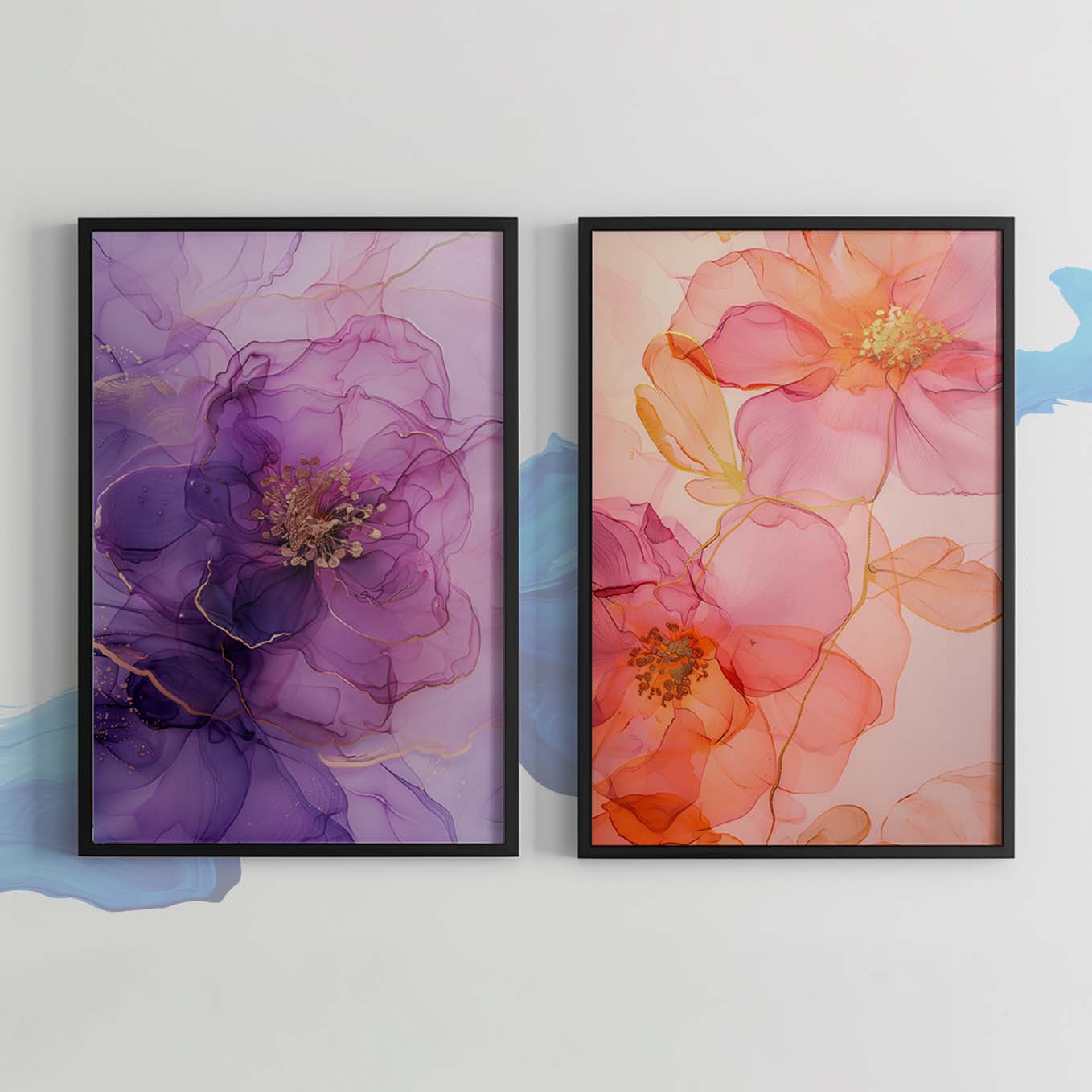 Elegant Floral Ink Art Prints - Set of 2 Framed Wall Decor | Purple & Pink Watercolor Blossoms | Contemporary Aesthetic