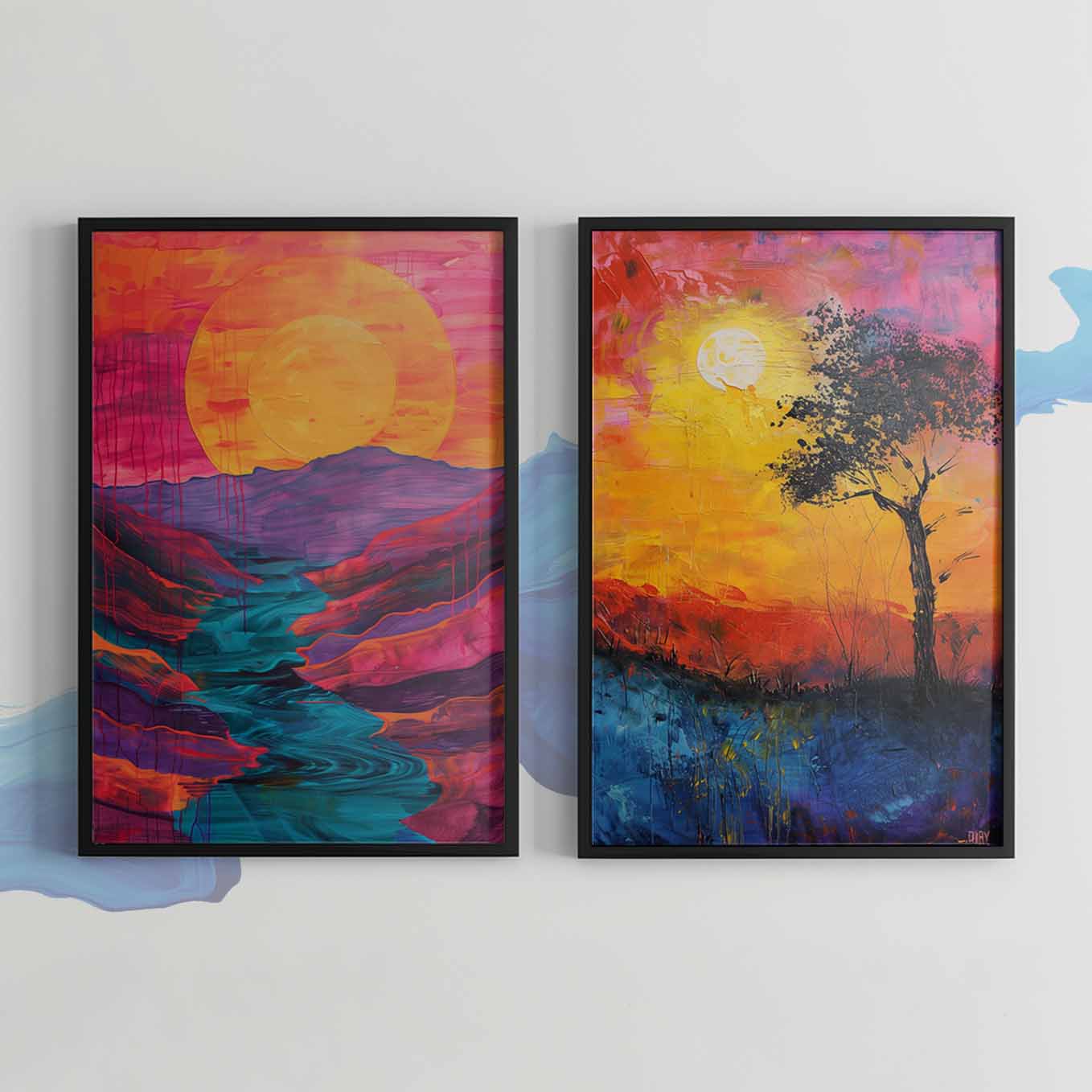 Sunset Bliss Abstract Landscape Prints - Set of 2 Framed Art | Bold & Colorful Nature-Inspired Decor