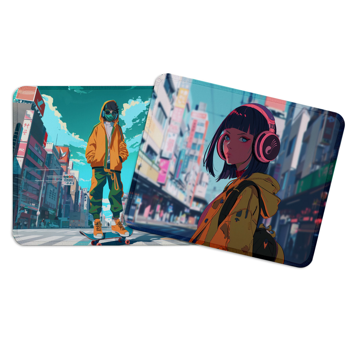 Street Style Skateboard and Girl – Set of 2 Stitched Anime Theme Gaming Mouse Pads with Anti-Slip Rubber Base and Waterproof Surface