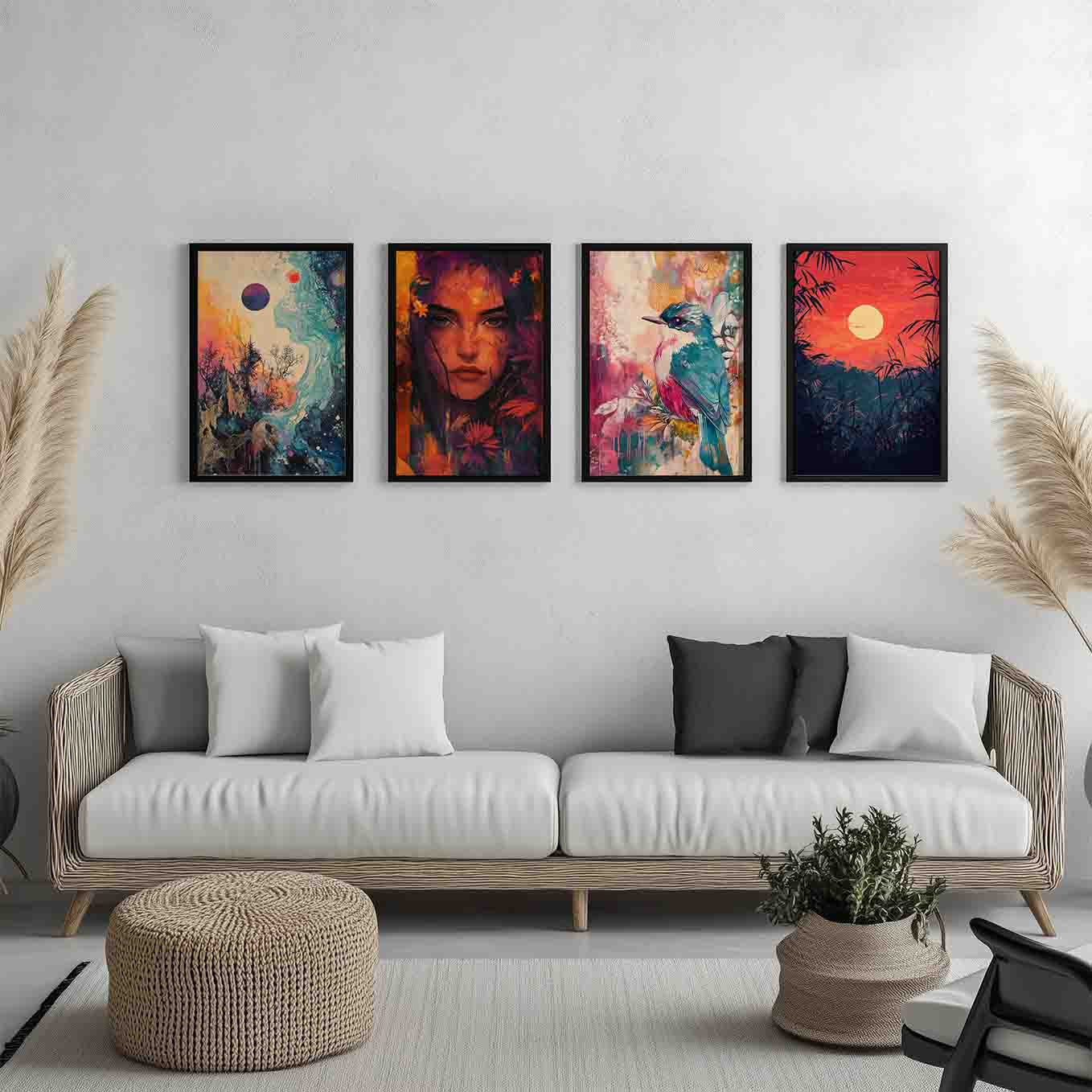 Modern Framed Set of 4 - Portrait Cosmic Fusion wall art (12x18 inches, black frame, Plexi-glass) - Ready to hang Home Decor for Living Room, Bedroom or Office