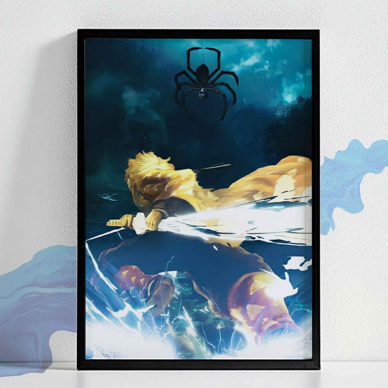 Demon Slayer Zenitsu 7th Form Fan Art Poster Art Framed (13x19 Inches, Plexi Glass, Textured Frame)
