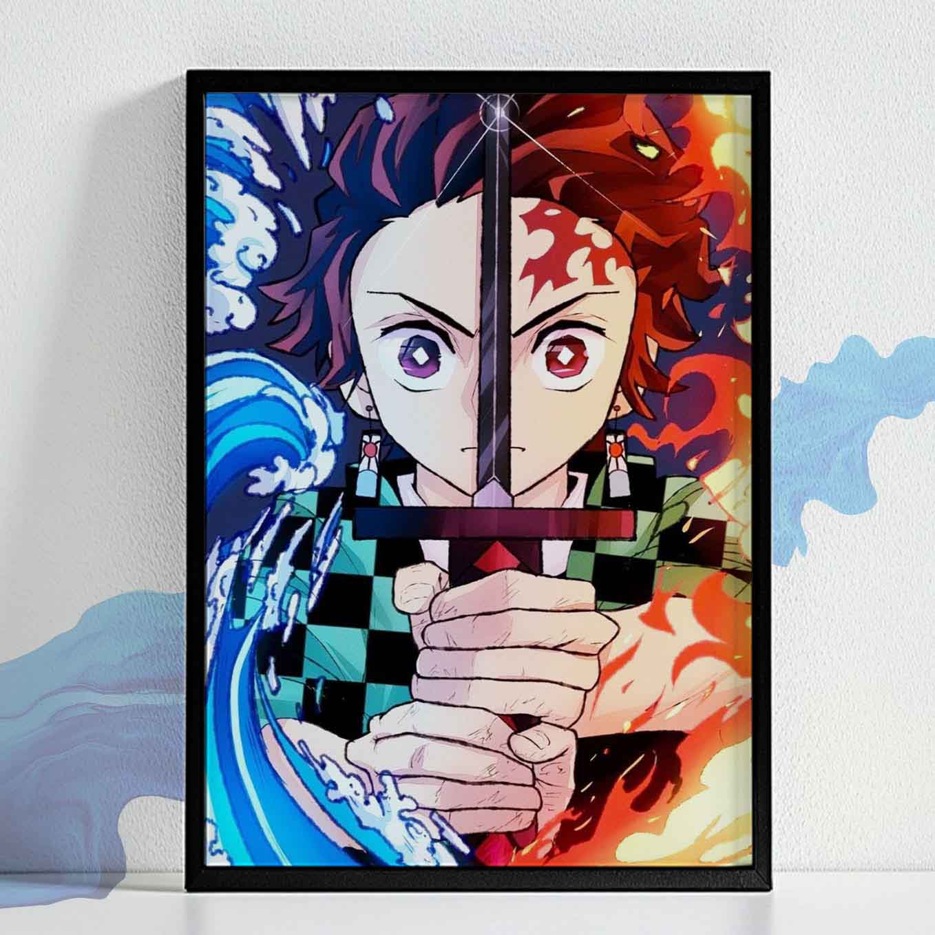 Demon Slayer Tanjiro Sun and Water breathing Poster framed (13x19 Inches, Plexi Glass, Textured Frame)