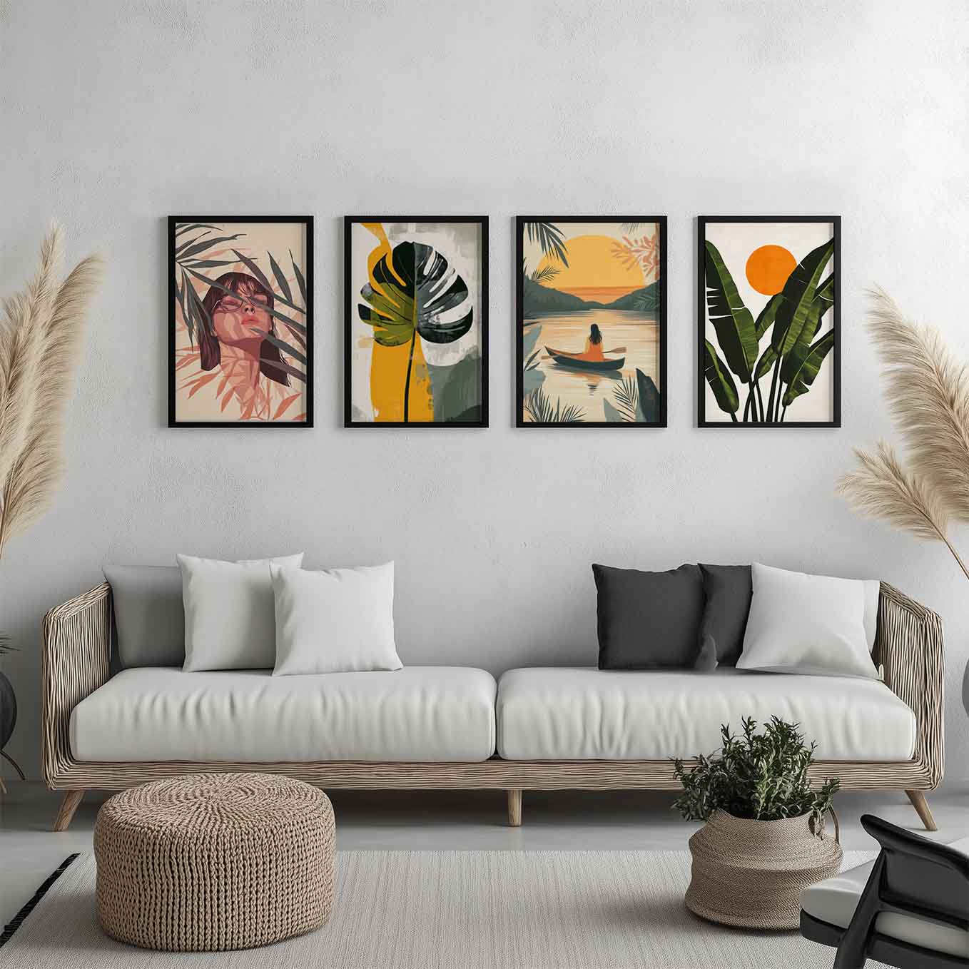 Modern Framed Set of 4 - Portrait Bohemian wall art (12x18 inches, black frame, Plexi-glass) - Ready to hang Home Decor for Living Room, Bedroom or Office