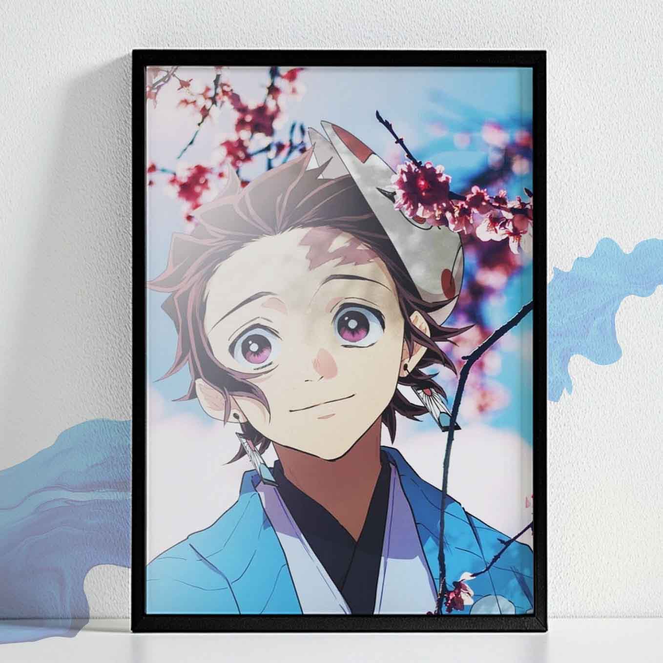 Demon Slayer Tanjiro With Kitsune Mask Poster framed (13x19 Inches, Plexi-Glass, Textured Frame)