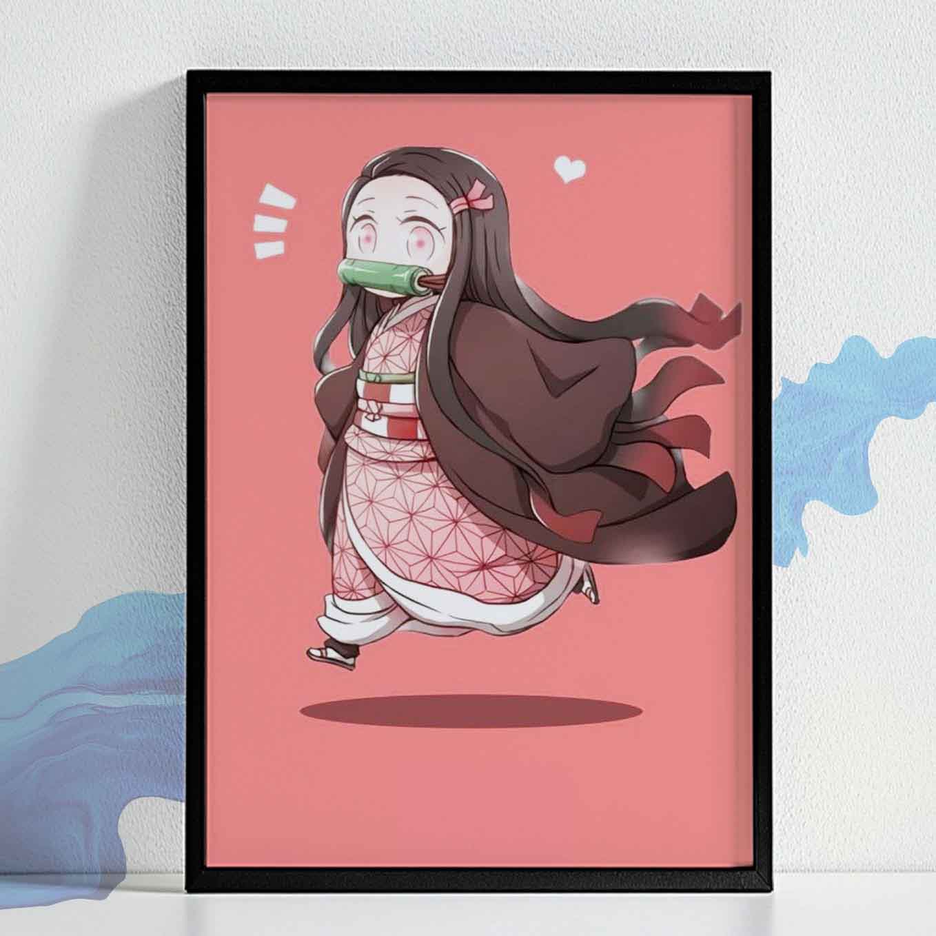 Demon Slayer Nezuko cute Illustration art Poster Art Framed (13x19-Inch, Plexi Glass, Textured Fame)