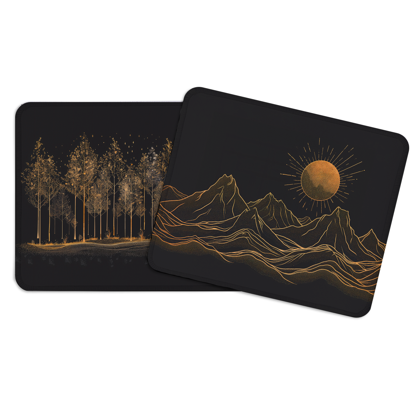 Golden Forest and Mountains Line Art – Set of 2 Stitched Gaming Mouse Pads with Anti-Slip Rubber Base and Waterproof Surface