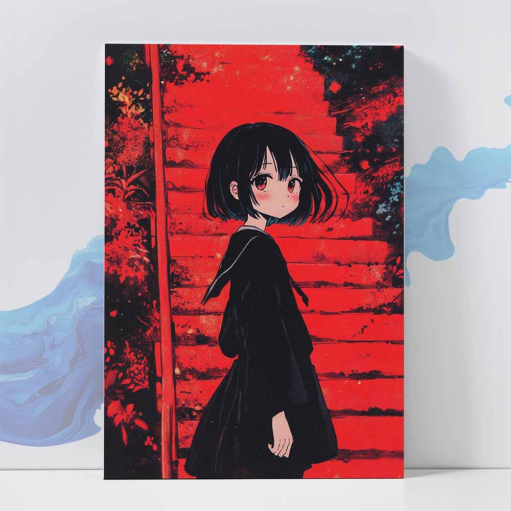 Anime Girl Red Stairs Poster - Japanese Aesthetic Wall Art 370 GSM with Double Side Tape Ready to Stick Wall Decor