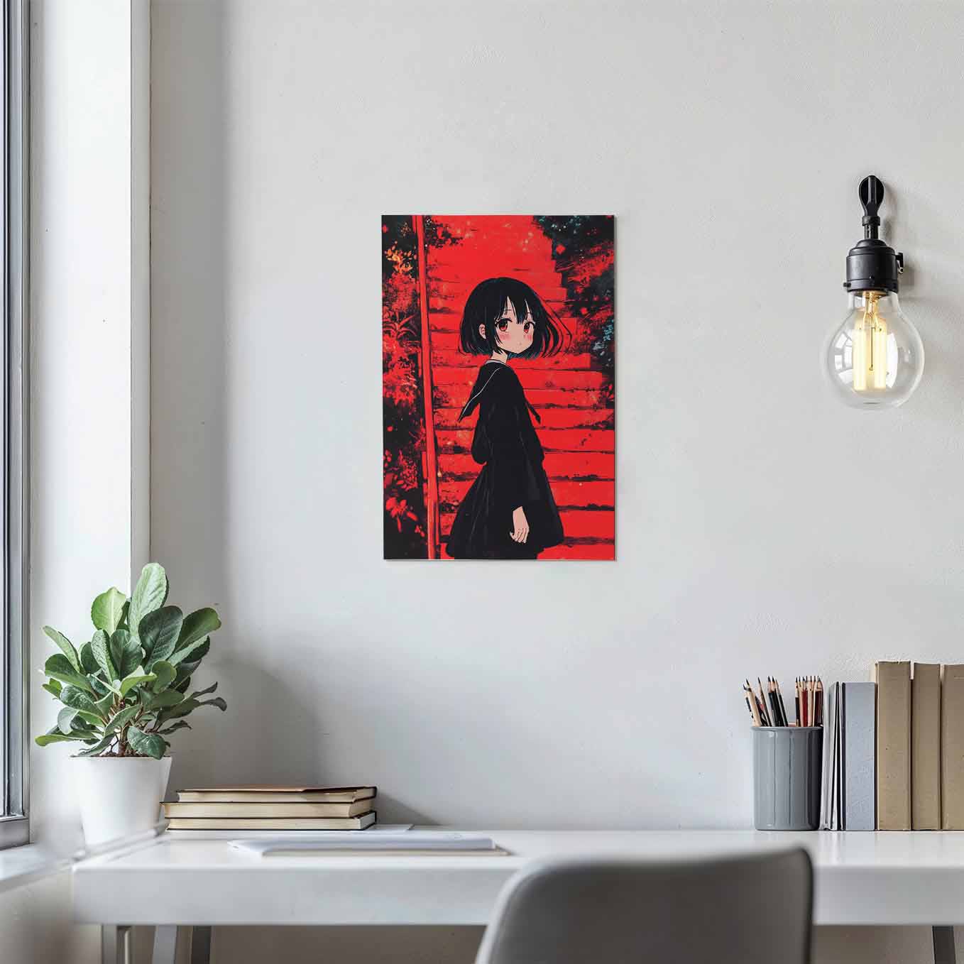 Anime Girl Red Stairs Poster - Japanese Aesthetic Wall Art 370 GSM with Double Side Tape Ready to Stick Wall Decor