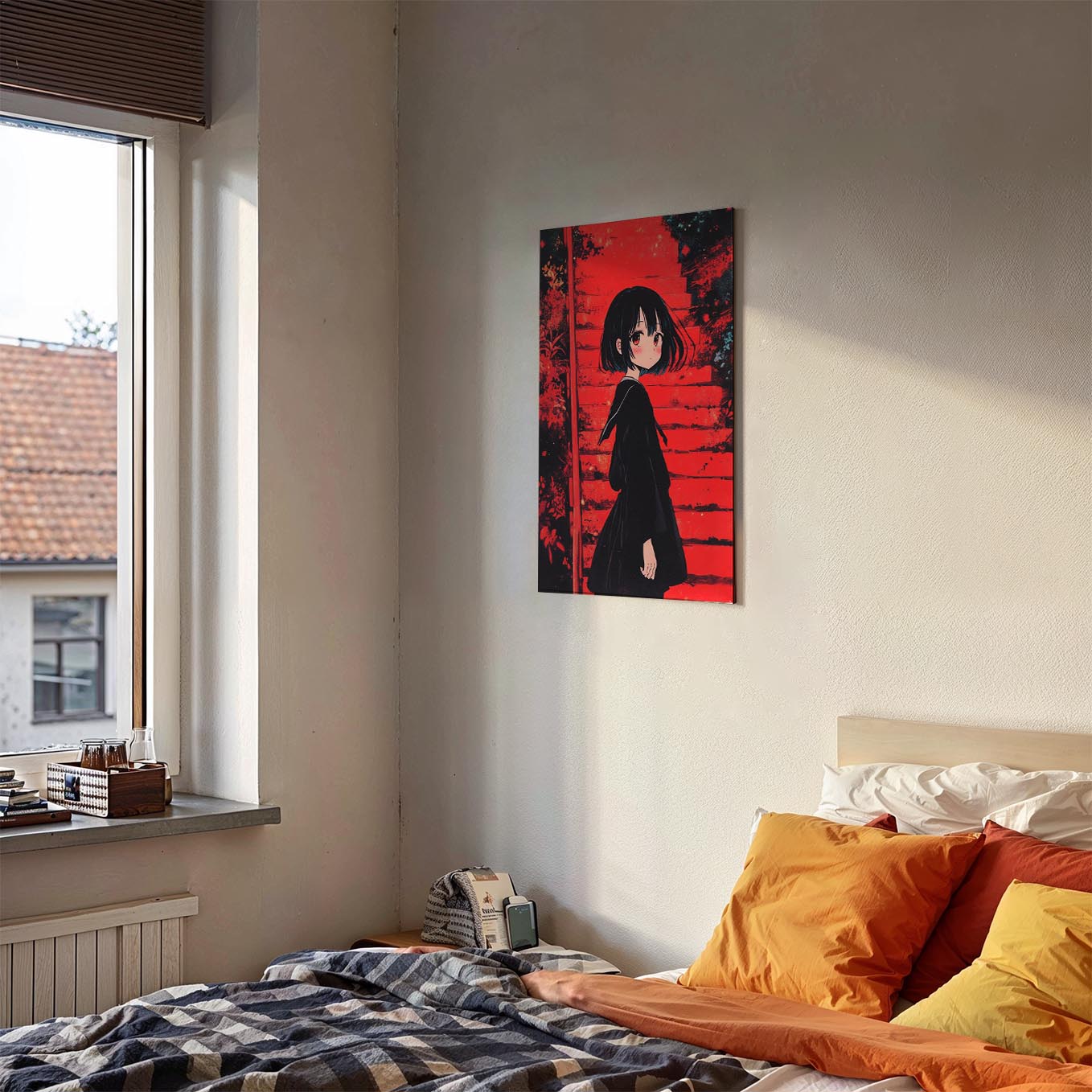 Anime Girl Red Stairs Poster - Japanese Aesthetic Wall Art 370 GSM with Double Side Tape Ready to Stick Wall Decor