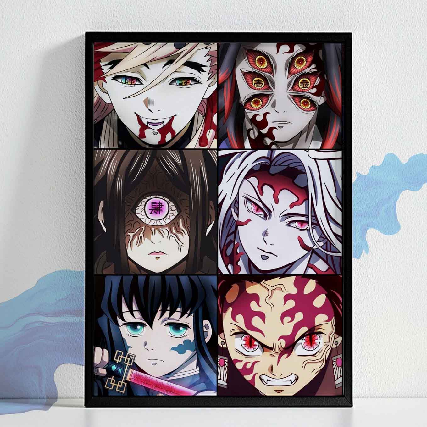 Demon Slayer Demon Collage Poster art framed (13x19-Inch, Plexi Glass, textured Frame)