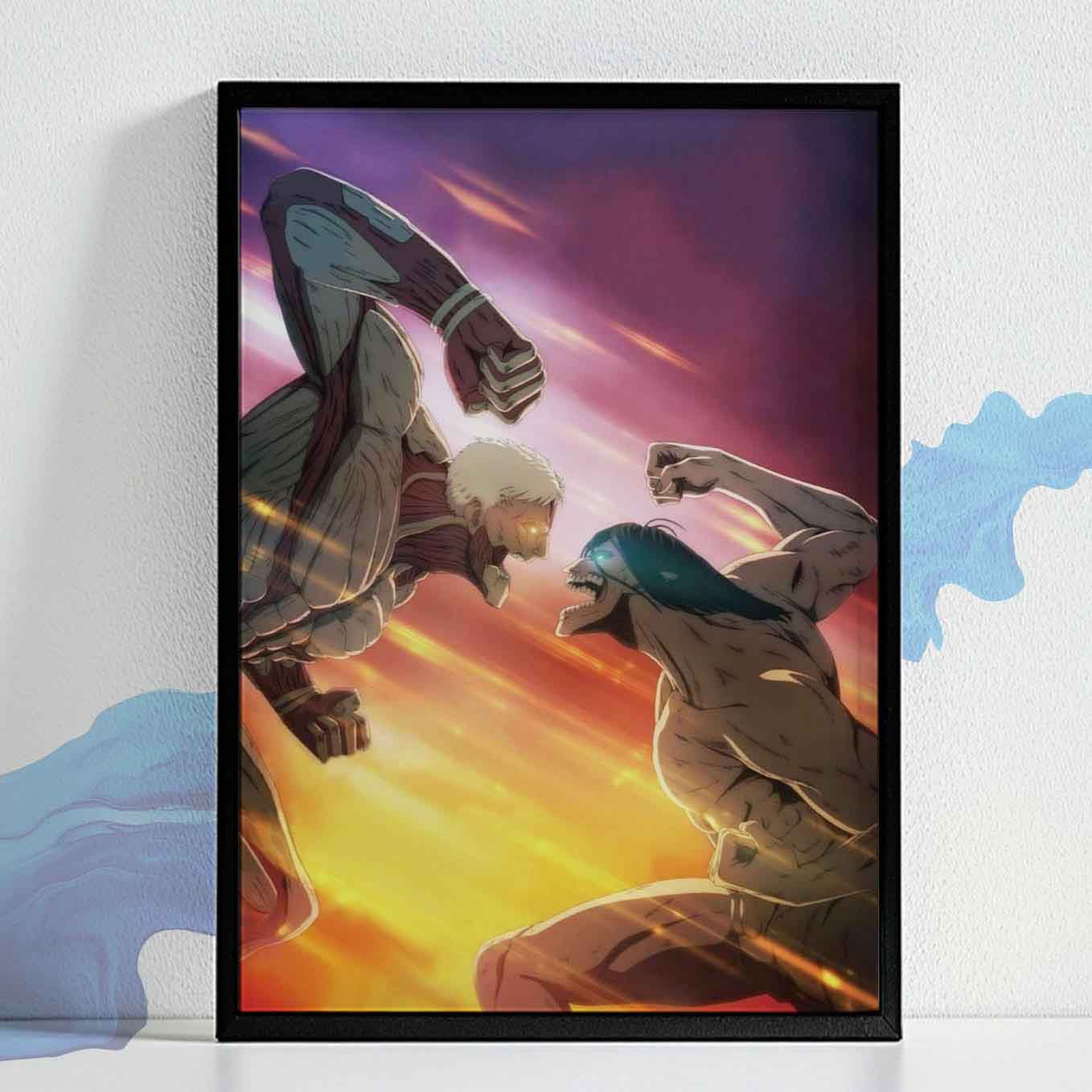 Attack on Titan Armored vs Attack Titan Poster anime framed (13x19-Inch, Plexi-Glass, Textured Frame)
