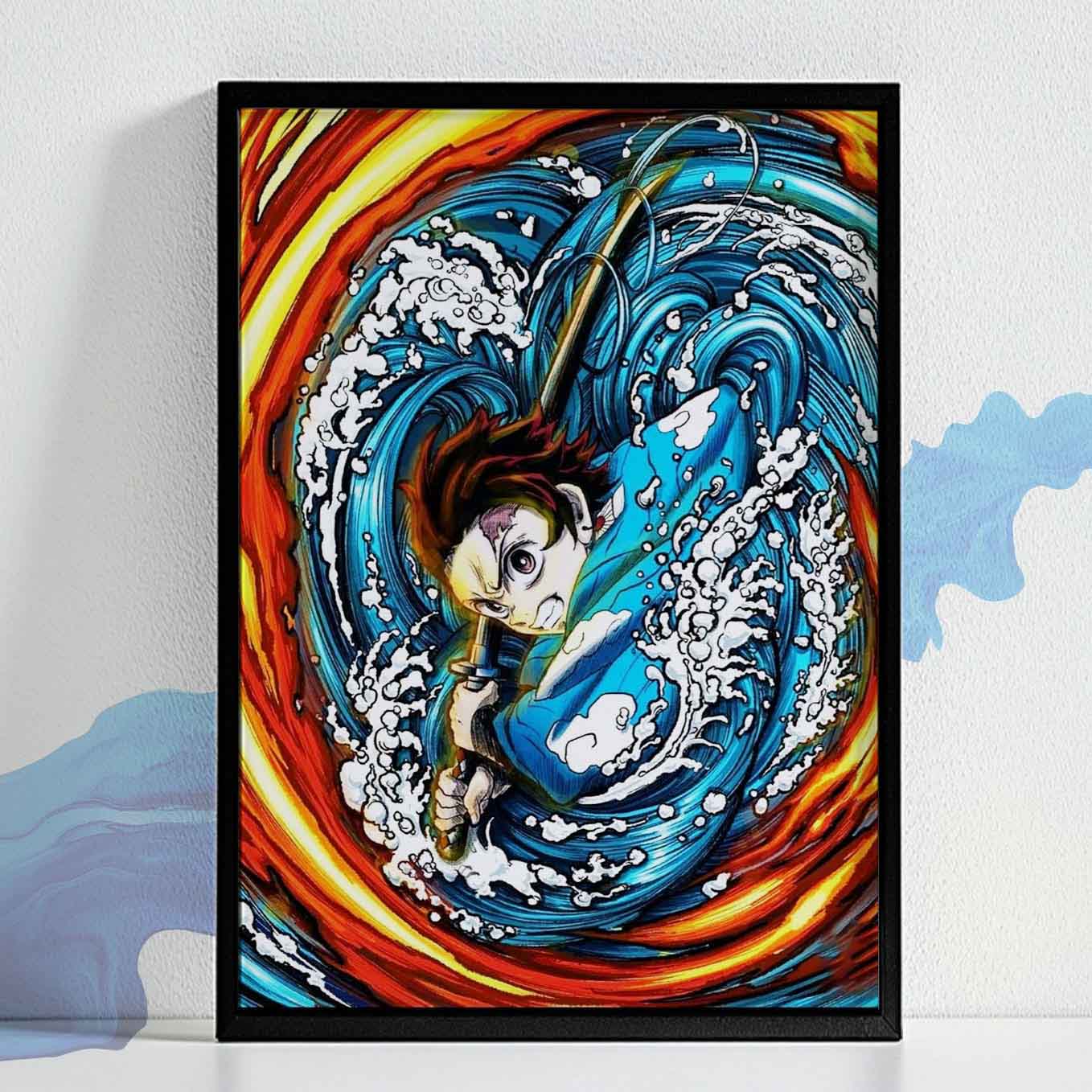 Demon Slayer Tanjiro Water and Sun Breathing Attack Poster framed (13x19 Inches, Plexi Glass, Textured Frame)