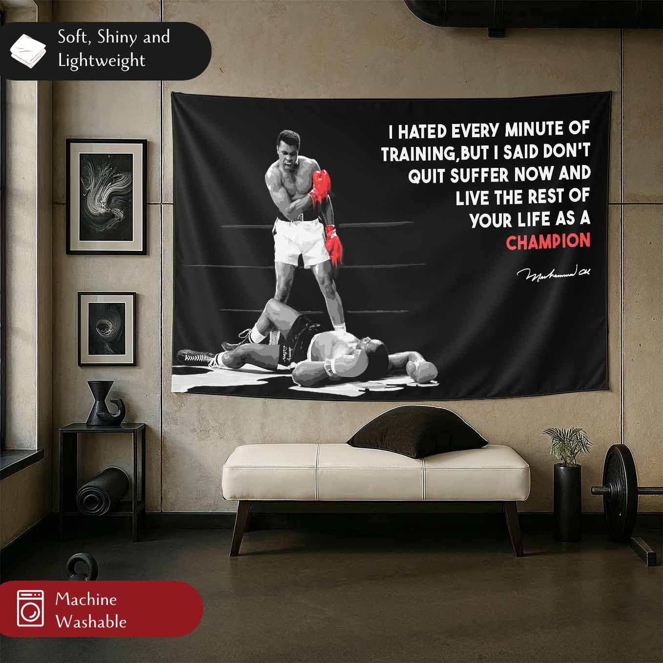 Muhammad Ali Motivational Tapestry - 73x43 Inches Inspirational Wall Hanging, Premium Polyester Fabric, Vivid Print, Machine Washable, Durable and Lightweight for Gym, Office, or Home Décor