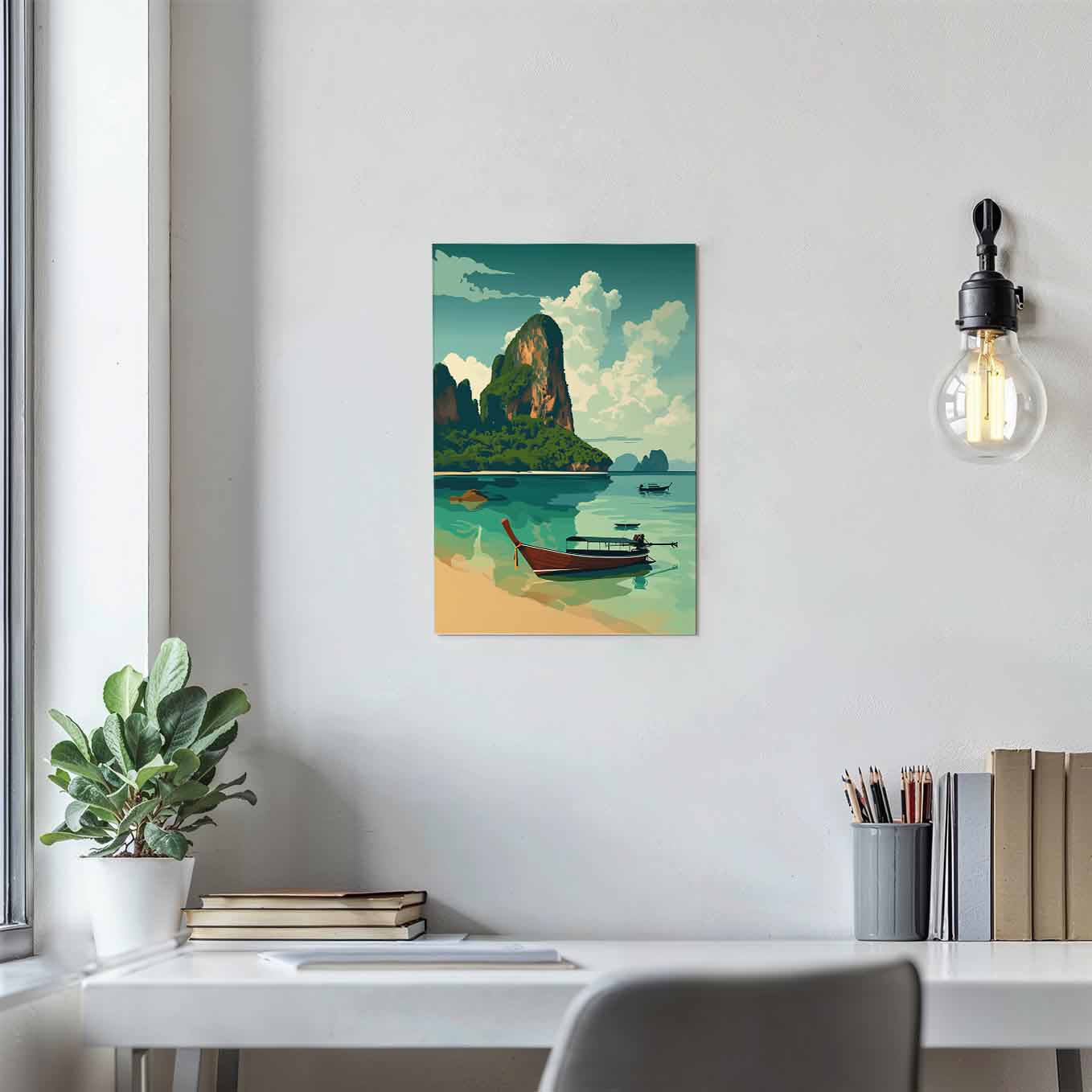 Tropical Beach and Boats Poster - Beach Wall art 370 GSM with Double Side Tape Ready to Stick Wall Decor