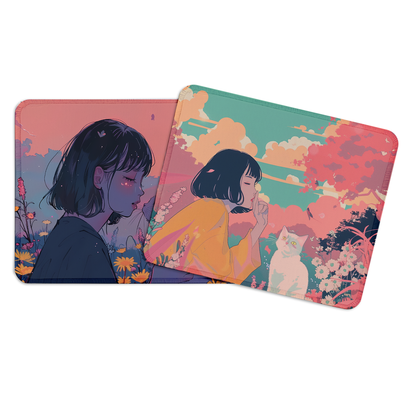 Soft Whispers – Set of 2 Stitched Anime Theme Gaming Mouse Pads with Anti-Slip Rubber Base and Waterproof Surface
