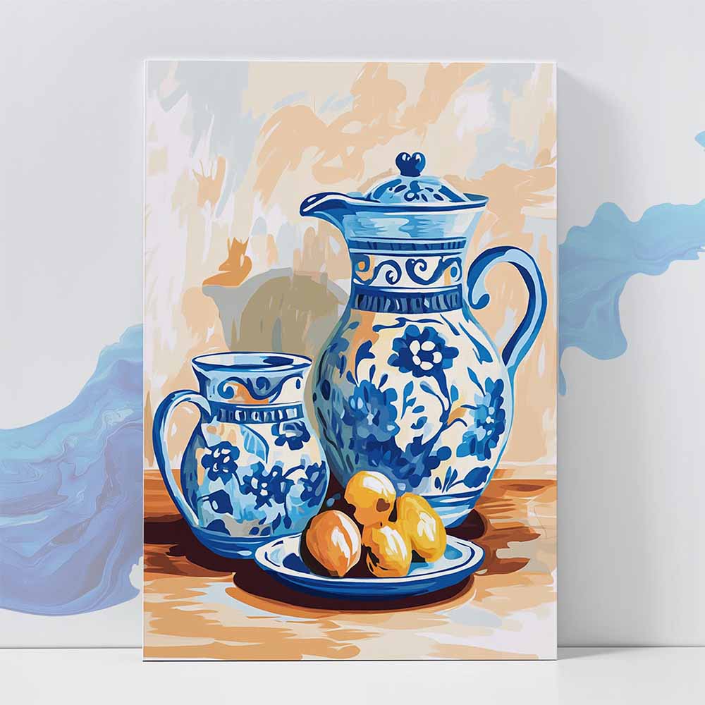 Vintage Blue Floral Pitcher and Fruit Still Life Poster - Wall art 370 GSM with Double Side Tape Ready to Stick Wall Decor