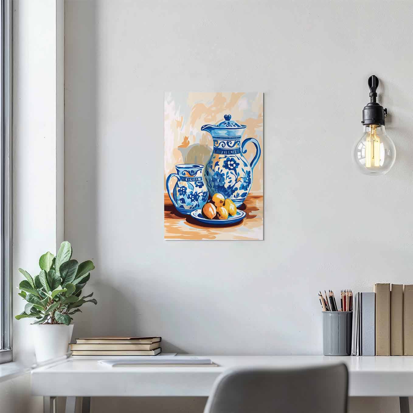 Vintage Blue Floral Pitcher and Fruit Still Life Poster - Wall art 370 GSM with Double Side Tape Ready to Stick Wall Decor