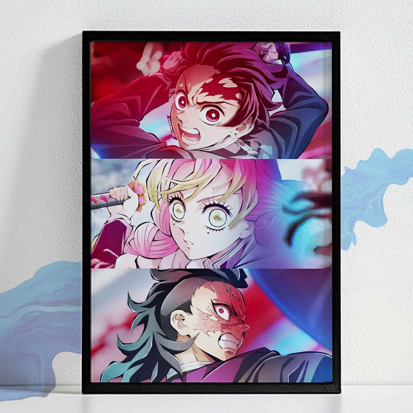 Demon Slayer Sanemi Shinazugawa, Mitsuri Kanroji, Tanjiro kamado Poster Art Framed (13x19 Inches, Plexi Glass, Textured Frame)