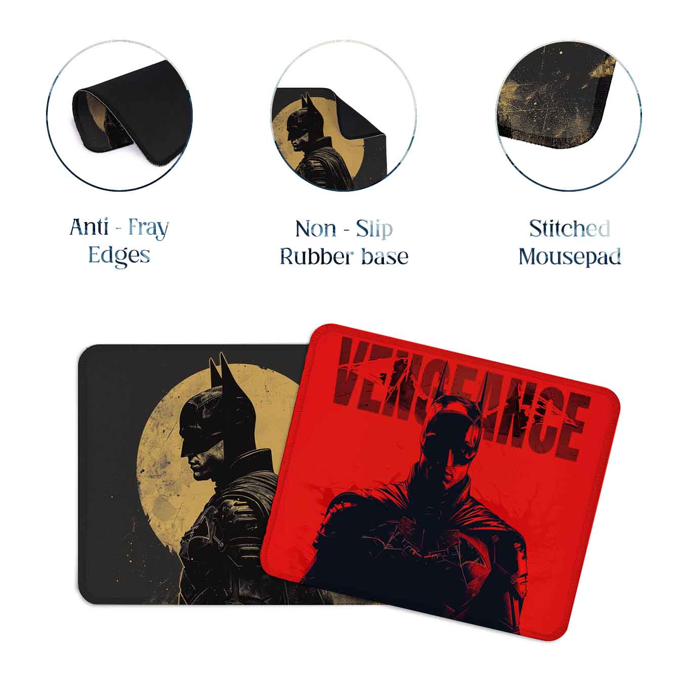 Batman Set of 2 Stitched Gaming Mouse Pads with Anti-Slip Rubber Base and Waterproof Surface