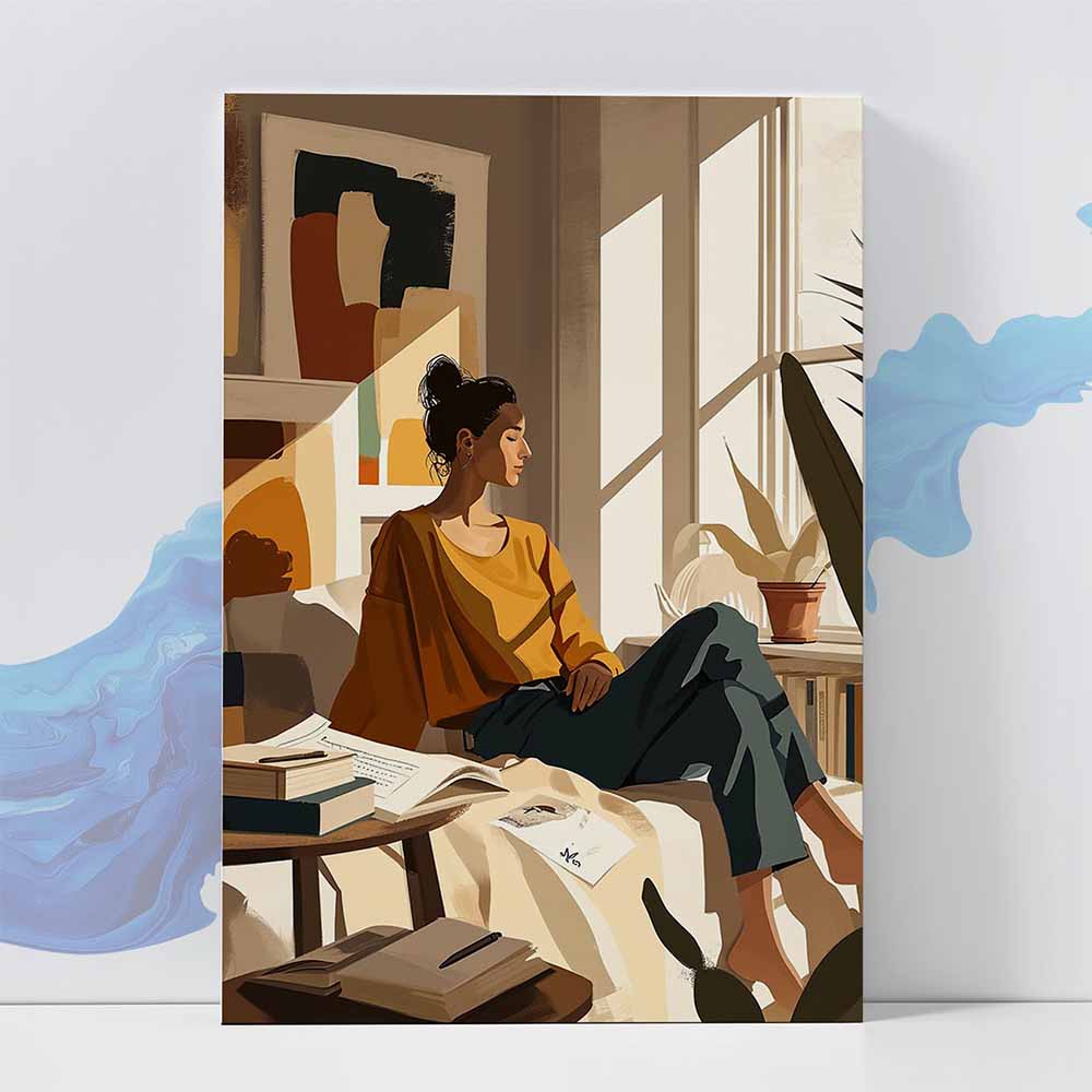 Cozy Reading Girl in Sunlit Room Poster - Wall art 370 GSM with Double Side Tape Ready to Stick Wall Decor