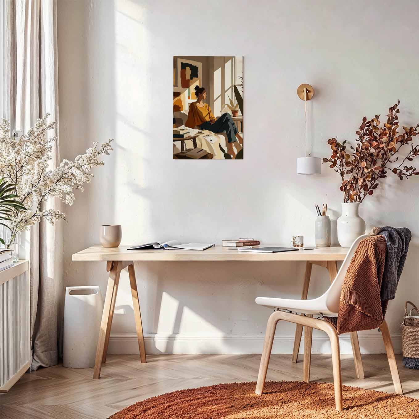 Cozy Reading Girl in Sunlit Room Poster - Wall art 370 GSM with Double Side Tape Ready to Stick Wall Decor
