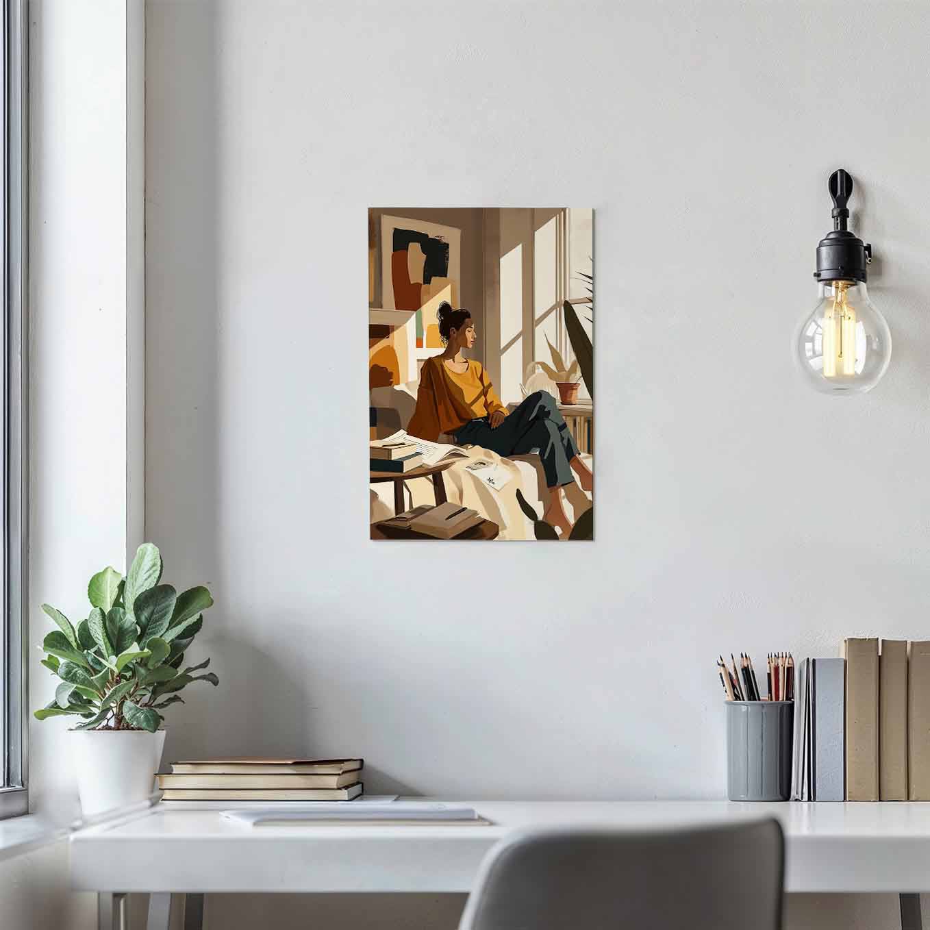 Cozy Reading Girl in Sunlit Room Poster - Wall art 370 GSM with Double Side Tape Ready to Stick Wall Decor