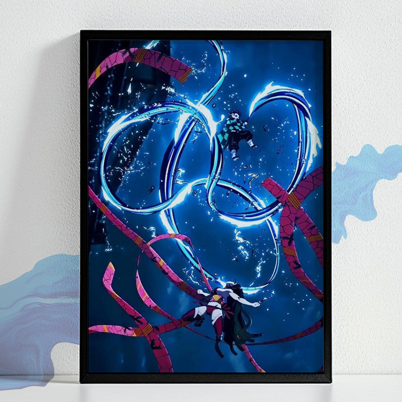 Demon Slayer Tanjiro and Daki fighting Poster art framed (13x19 Inches, Plexi Glass, Textured Frame)