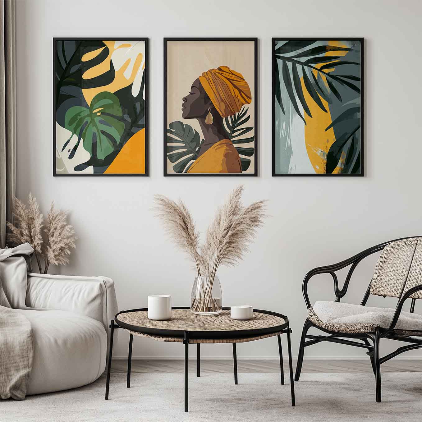 Golden Tropical Goddess Wall Art - Set of 3 Framed Prints | Elegant Afrocentric Woman & Botanical Leaves Illustration for Home Decor
