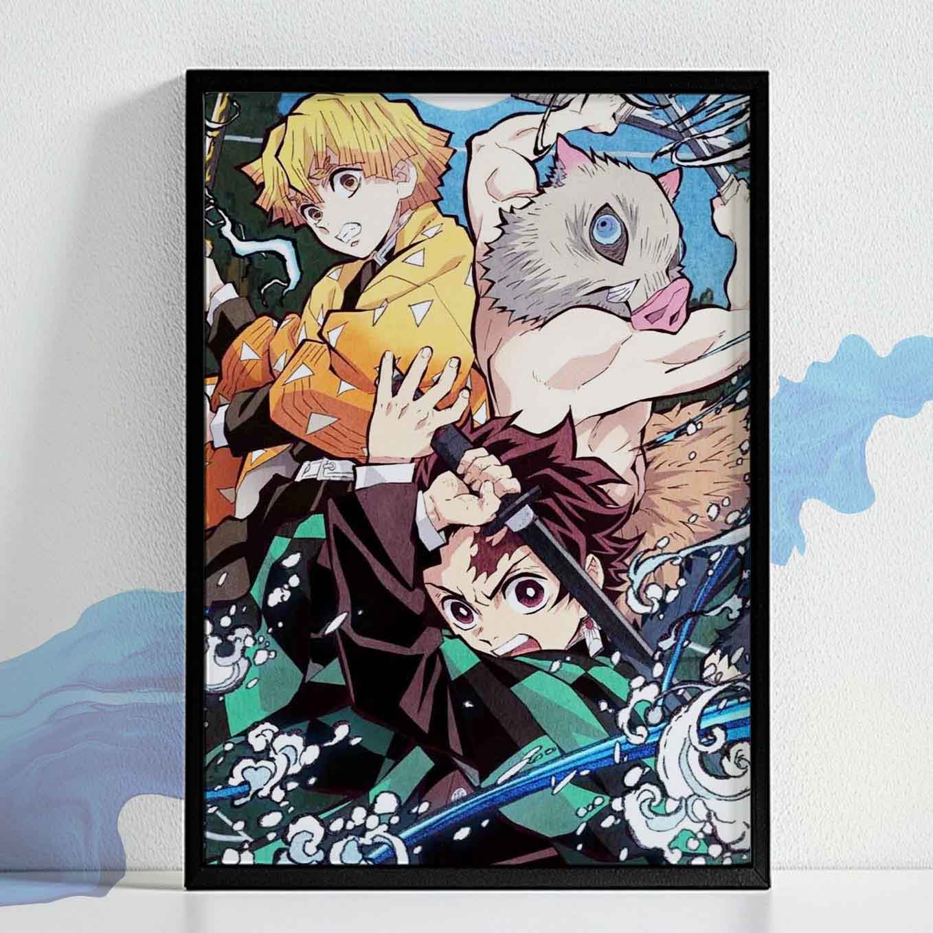 Demon Slayer Tanjiro, Zenitsu, Inosuke Poster art framed (13x19 Inches, Plexi Glass, Textured Frame)