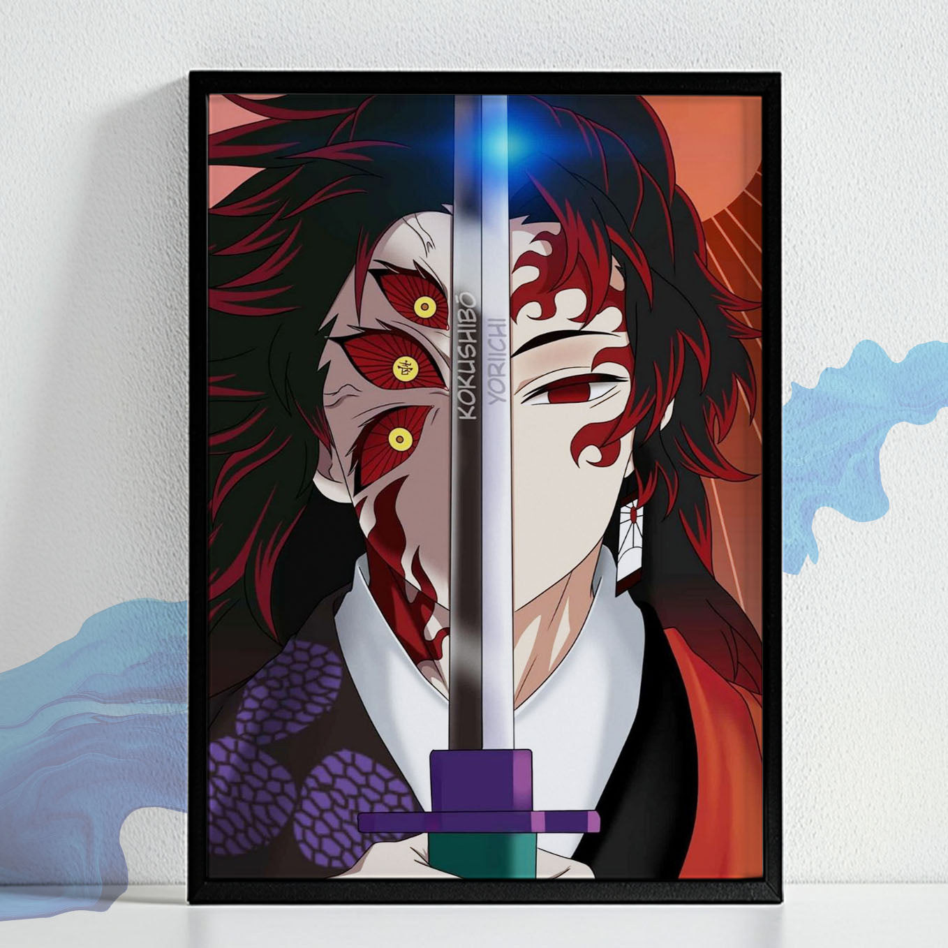 Demon Slayer Kokushibo Demon art framed (13x19 Inches, Plexi glass, Textured Frame)