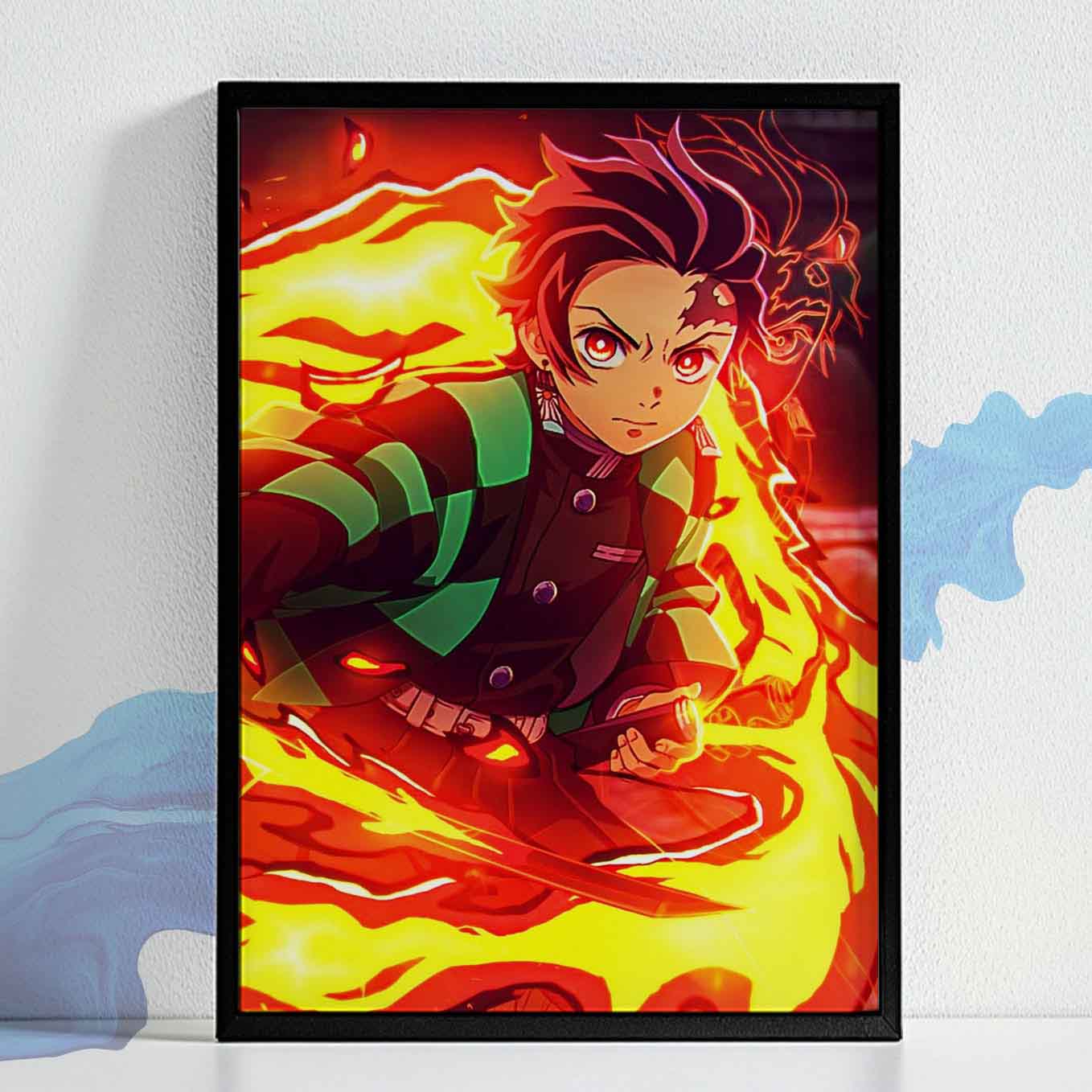 Demon Slayer Tanjiro Sun Breathing Poster art framed (13x19 Inches, Plexi glass, Textured Frame)