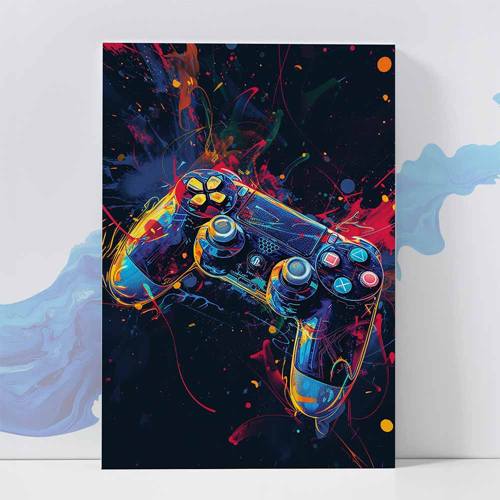Gaming Controller Neon Splatter Poster -  Adventure Wall art 370 GSM with Double Side Tape Ready to Stick Wall Decor