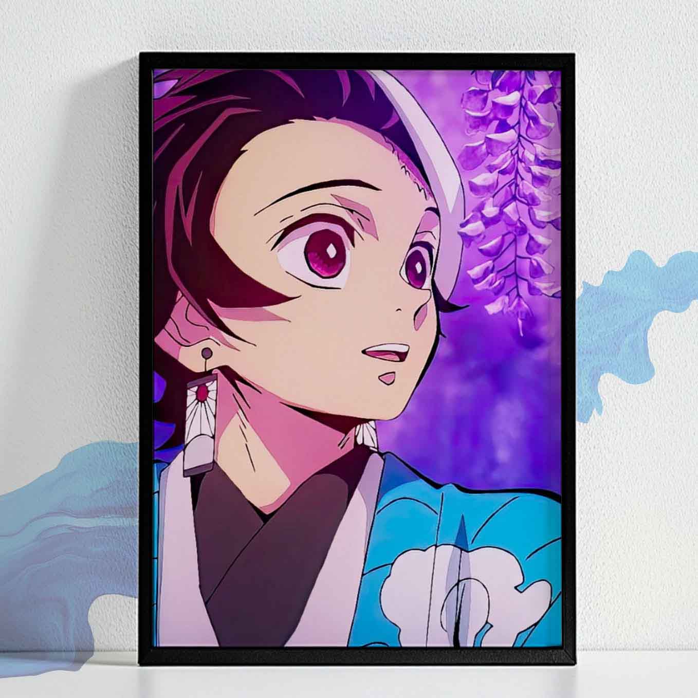 Demon Slayer Tanjiro in wisteria garden Poster anime framed (13x19-Inch, Plexi-Glass, Textured Frame)
