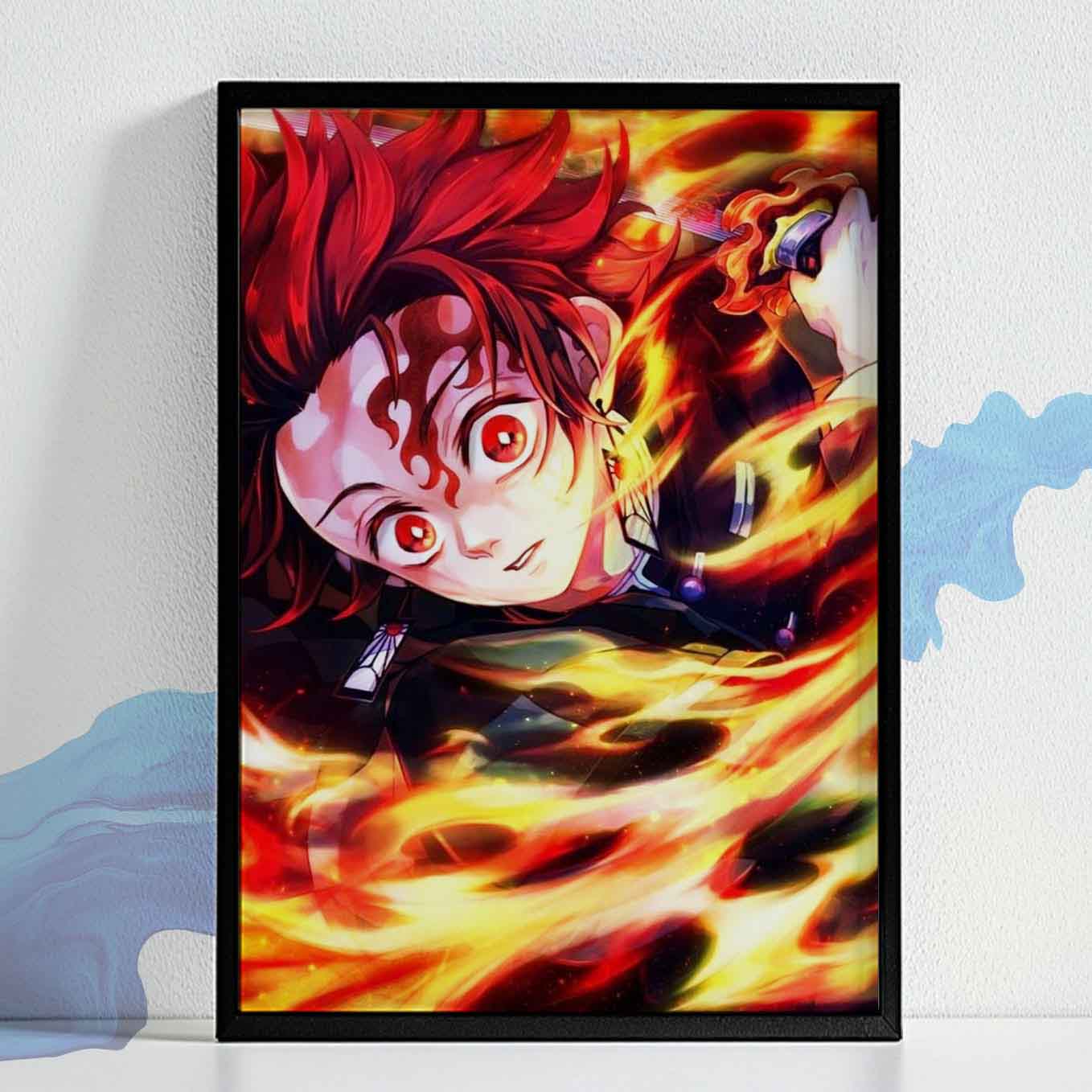 Demon Slayer Tanjiro Sun Breathing Attack Poster art framed (13x19 Inches, Plexi Glass, Textured Frame)